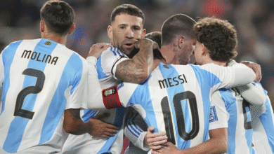 Timnas Argentina merayakan gol Lionel Messi ke gawang Venezuela
