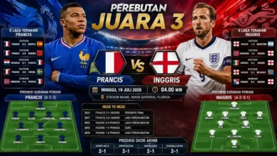 Timnas Prancis vs Inggris akan saling berhadapan di Miami Stadium pada hari Minggu 19 Juli 2026 Pkl 04.00 WIB. Kedua tim bertekad untuk mengamankan gelar peringkat tiga Piala Dunia 2026 di laga ini.