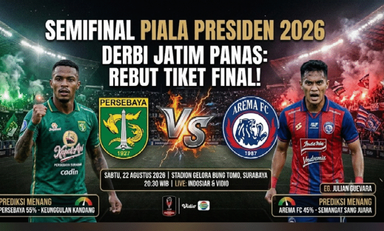 Persebaya Surabaya bertemu Arema FC pada babak semifinal Piala Presiden 2026 di Stadion Kapten I Wayan Dipta, Selasa 4 Agustus 2026. Laga Persebaya vs Arema FC akan dimainkan mulai pukul 20.00 malam WIB,